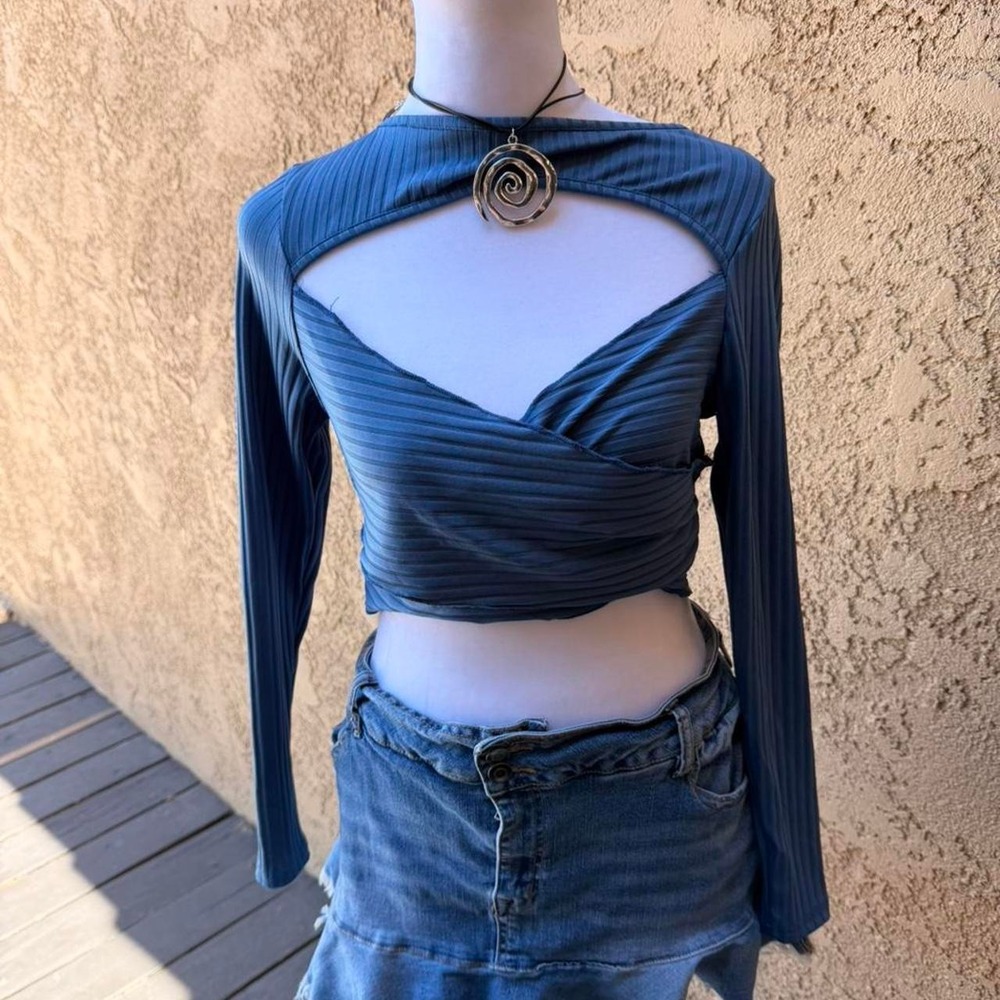 Blue long sleeve top with cut out detail